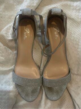 Silver Glitter Ankle Strap Block Heel Sandals